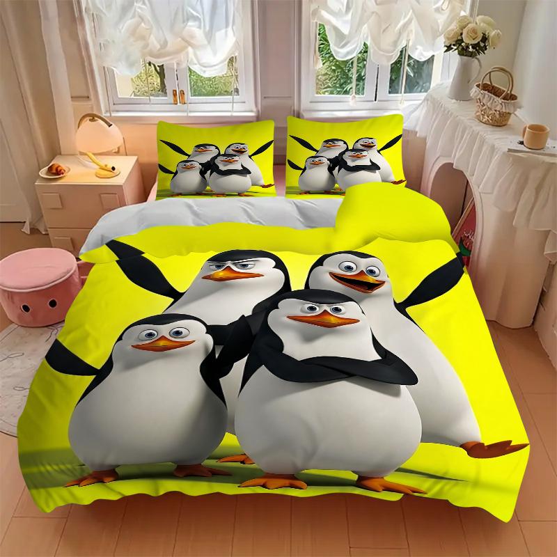 3Pcs Penguin Parade Party Bedding Set Soft Fabric Duvet Cover Pillowcases Home Christmas Xmas Halloween Gift 1 Duvet Cover 2 Pillowcase G1233