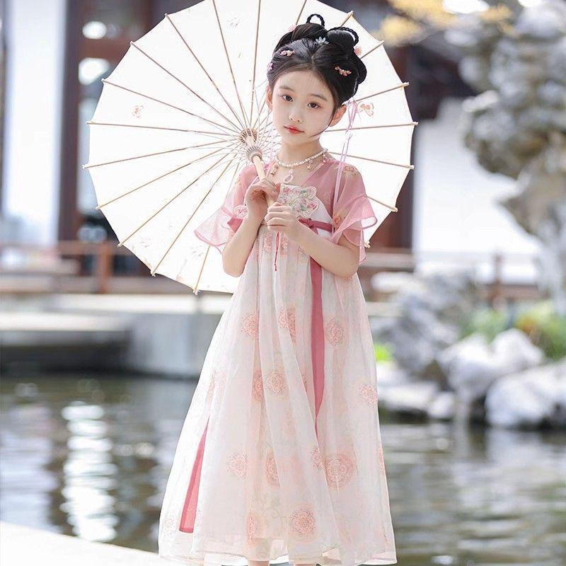 Girls' Summer 2026 Hanfu Dress: Chinese-Style Princess Skirt with Short Sleeves