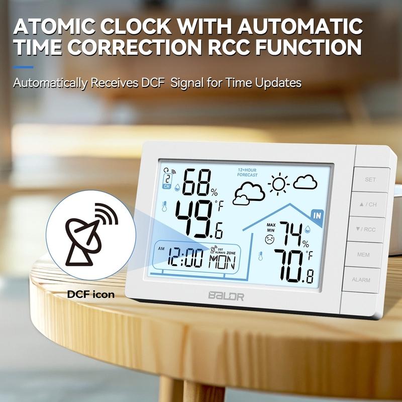 Stazione Meteorologica Wireless Digitale Baldr DCF Sveglia Atomica da Parete/Tavolo Igrometro Termometro Sensore Previsioni Allarme Gelo -40C