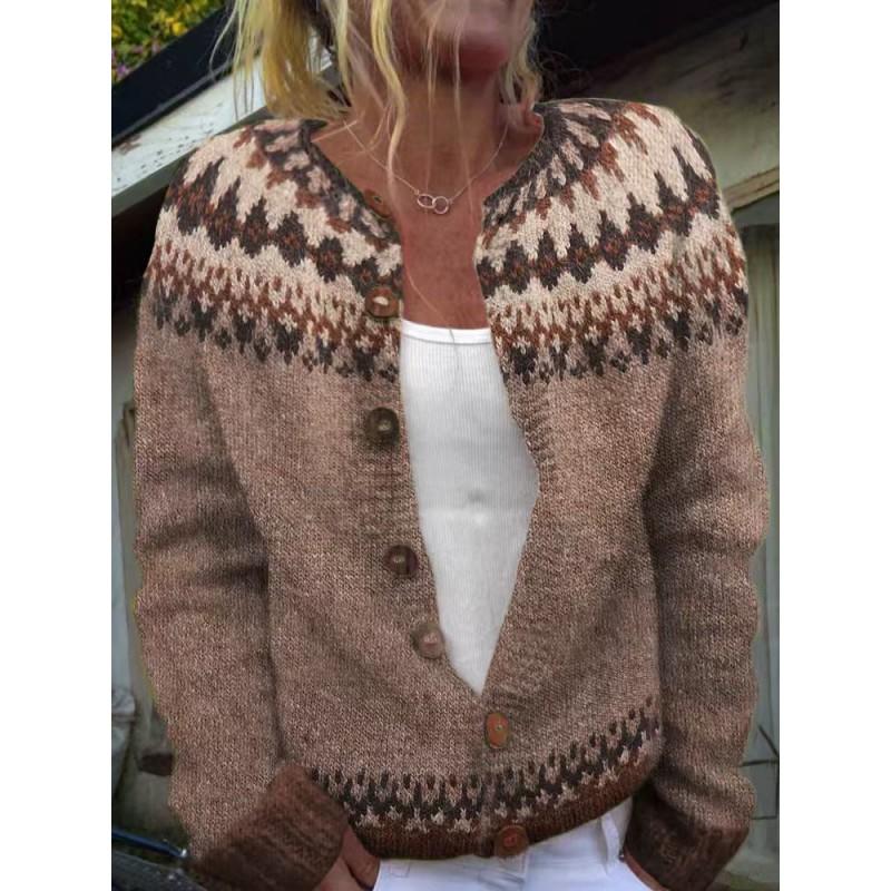 Womens Color Block Knit Cardigan Loose Fit Long Sleeve Geometric Casual Commute Style