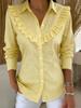 European and American Spring Women's Solid Color Shirt Collar Long Sleeve Casual Loose Ruffle Edge Cotton and Linen Top