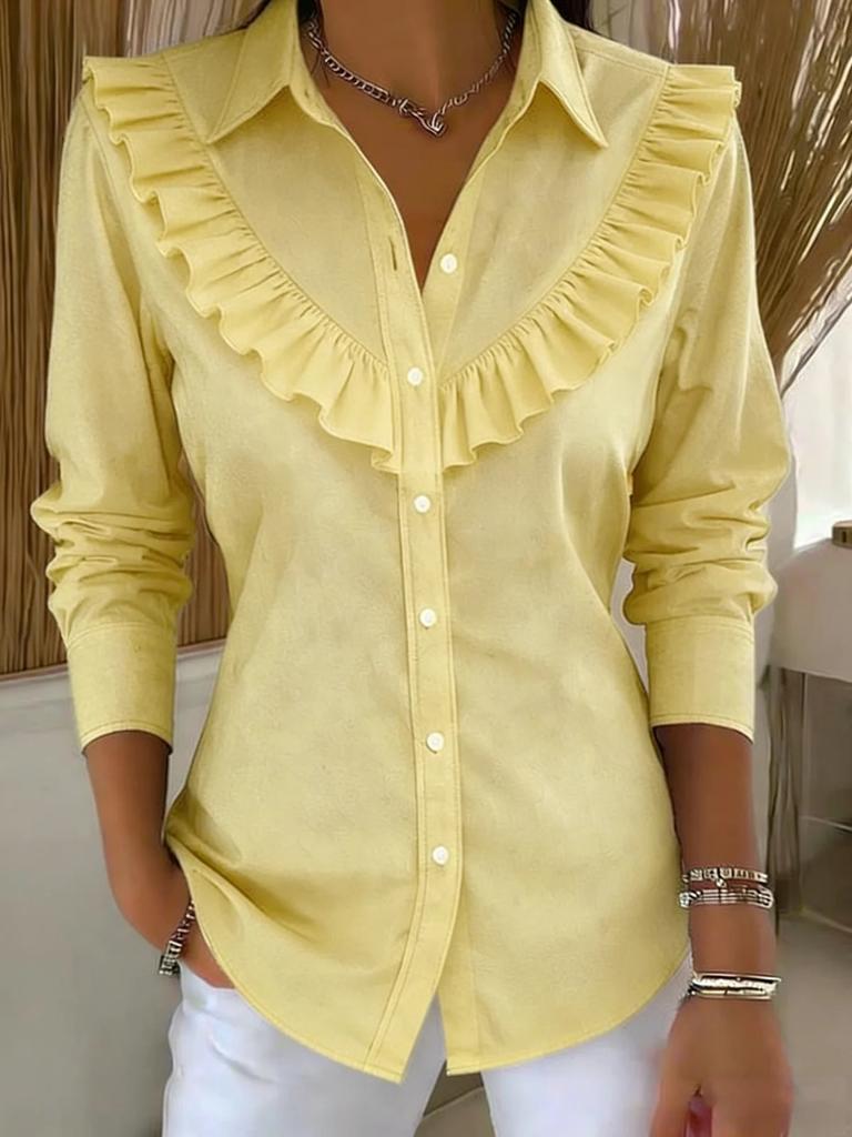 European and American Spring Women's Solid Color Shirt Collar Long Sleeve Casual Loose Ruffle Edge Cotton and Linen Top