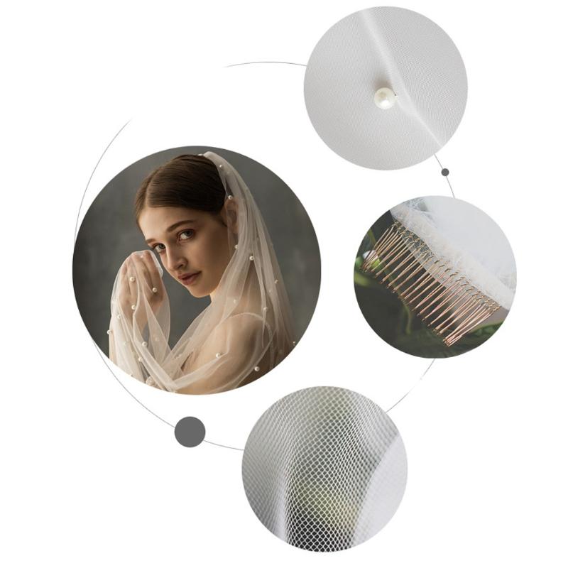 Wedding Bridal Veil with Comb One Layer Pearls Adornment Cut Edge Elbow/Fingertip/Cathedral Length Tulle Sheer Veils