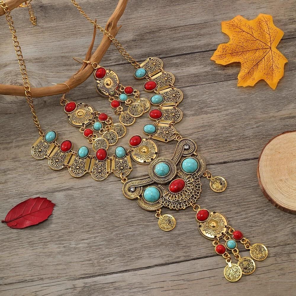 Western Jewelry Set Ethnic Vintage Imitation Turquoise Coin Tassel Necklace Earrings for Women Party Accessories