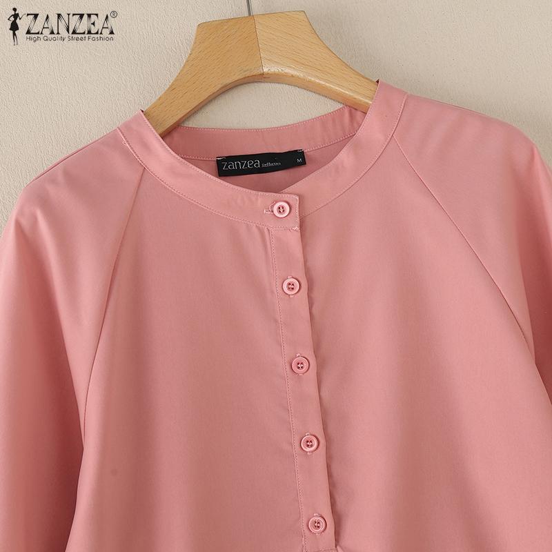 ZANZEA Kobiety Casualowa Sukienka w Jednolitym Kolorze z Luźnym Rękawem 3/4 i Okrągłym Dekoltem