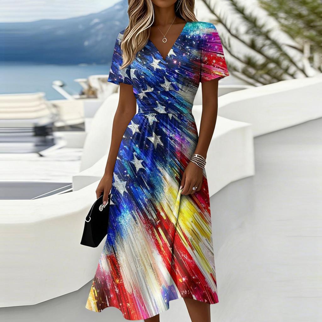 Women's Independence Day Print Casual Fashion Short Sleeve V-Neck Dress