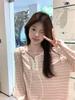 Women's Pink Striped Button-Up Long Sleeve Tee - Casual, Loose, and Age-Reducing Style for Early Autumn