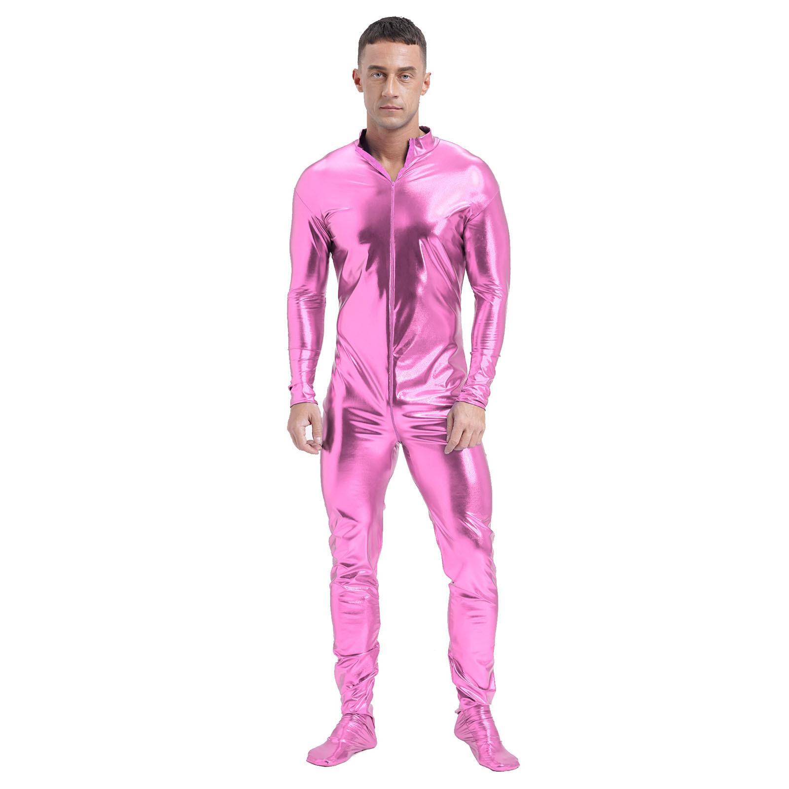 

Чоловічий металевий комбінезон Zentai з довгим рукавом, повний облягаючий макет шиї, клубний костюм XXL