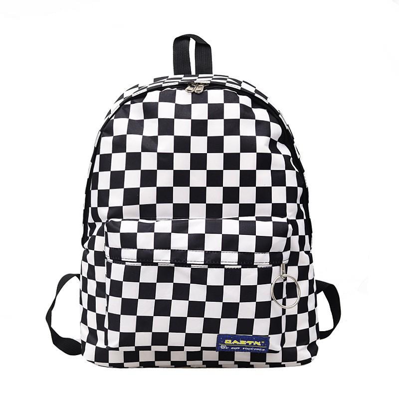 2018 Black & White Checkered Nylon Backpack – Casual Outdoor Women's Student Bookbag