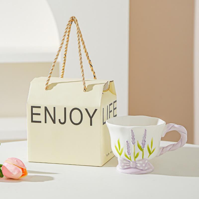 Tulip Ceramic Cup Hand Painted Relief High Looking Coffee Cup Mug Girl Heart Home Water Cup Souvenir