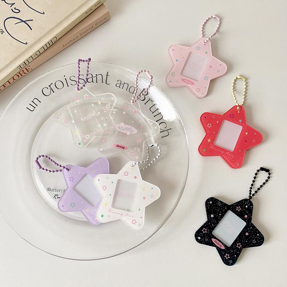 Glitter Star Card Holder with Keychain Acrylic 1-Inch Photocard Holder ID Card Case Student Kpop Idol Photo Card Bag
