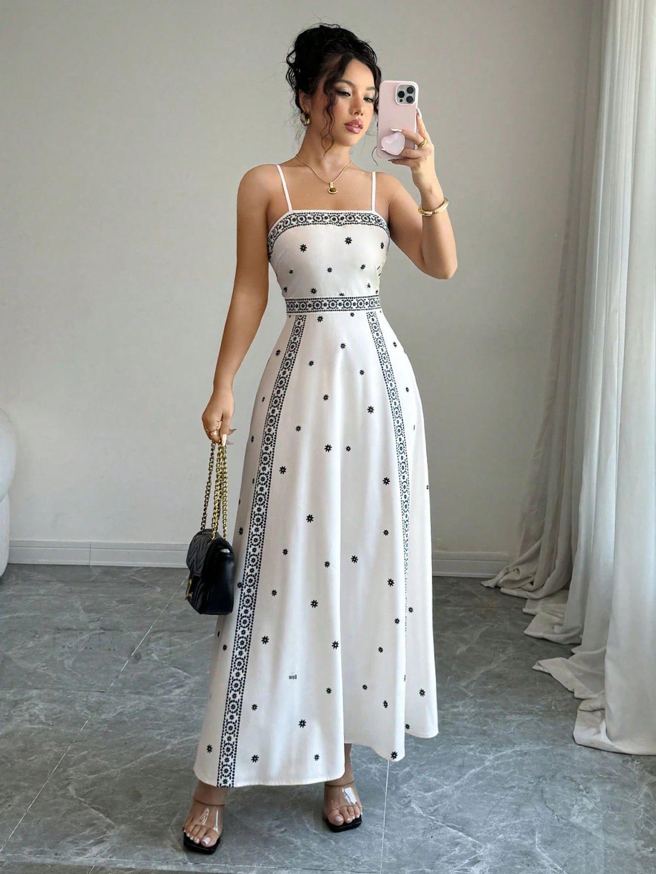 Women s Elegant Floral Off-Shoulder A-Line Dress with Spaghetti Straps. L