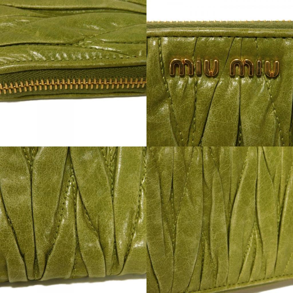 Used Matelasse Zip Around Wallet (12166) with wrinkled L-shaped zipper (5M1183 7940) Logo Metal Light Green Women's