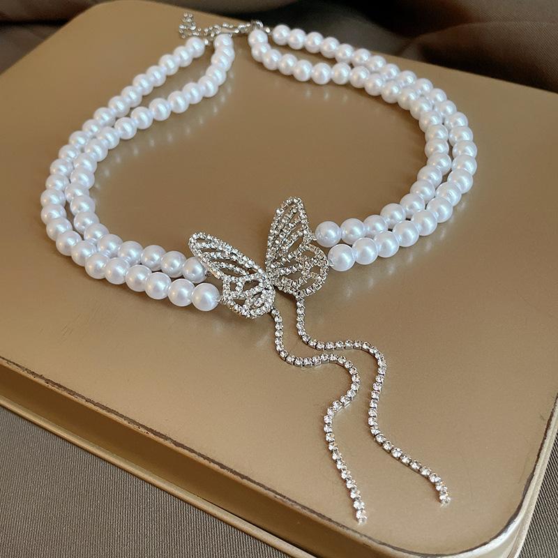 Butterfly Drop Oil Pearl Faux Crystal Necklace Versatile High-end Clavicle Chain Niche Design Jewelry Women