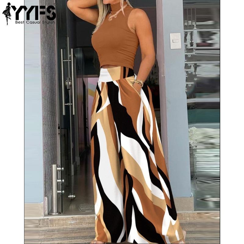 YYFS Damenmode Lässig Sommer Frühling Farbblockdruck Ärmellos Hoher Kragen Hosenanzüge