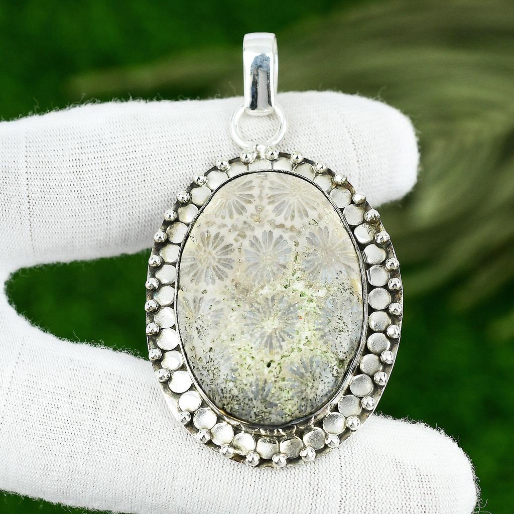 Natural Fossil Coral Gemstone Pendant 925 Sterling Silver Jewelry For Women