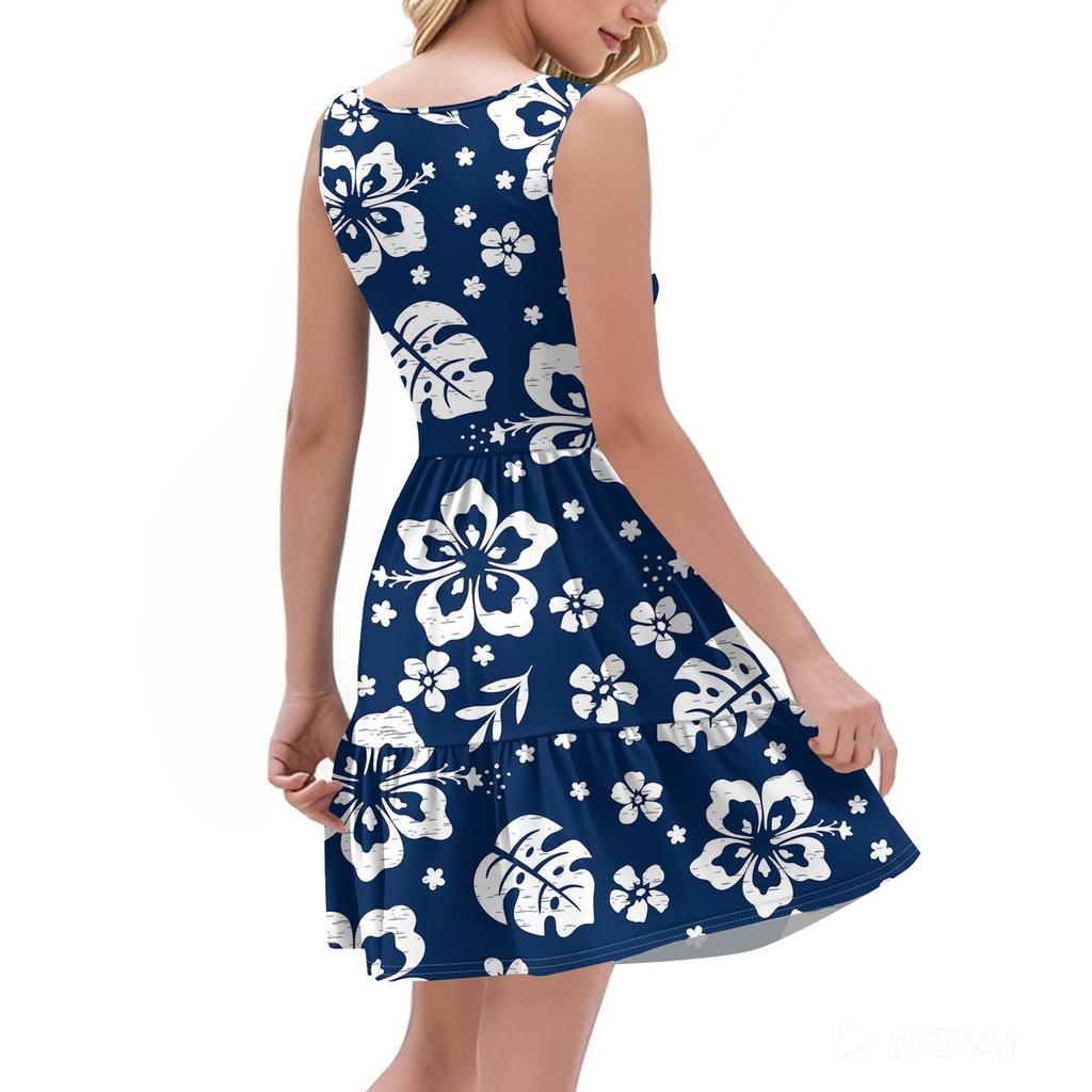 Women's Summer Fashion Casual V-Neck Pleated Stitching Hawaiian Floral Print Sleeveless Pocket Vest Dress