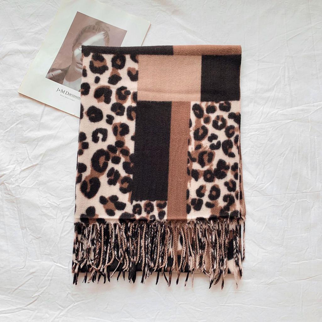 2024 Autumn And Winter New Mid To Long Soft Imitation Cashmere Versatile Leopard Print Patchwork Scarf Shawl For Women