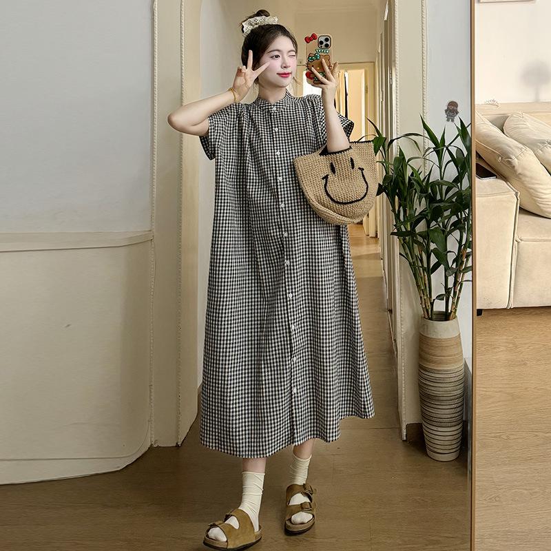 Artistic Temperament Loose Plaid Nursing Shirt & Maternity Long Skirt (Summer 2026) Extra Large