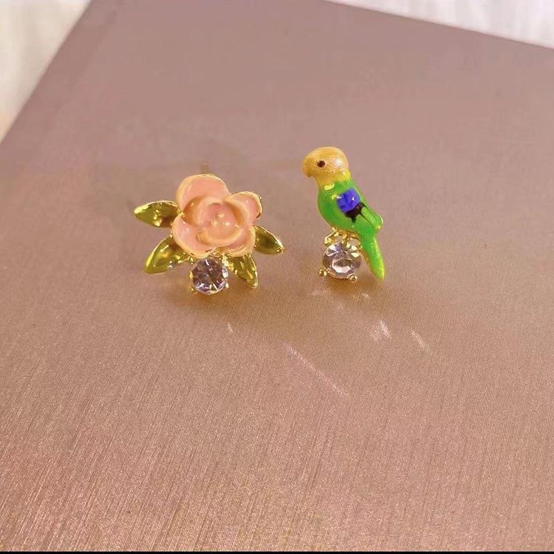Silver Needle Colored Bird Flower Exquisite Small Earrings Women's Light Luxury Fashion Versatile Style Temperament Stud Earrings Tide