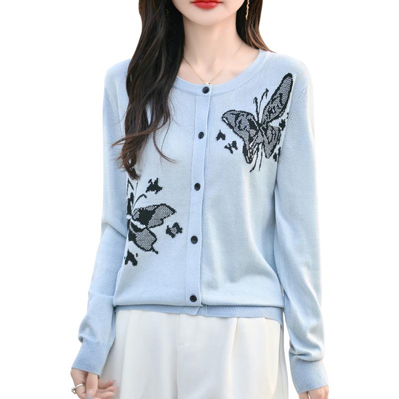 2025 Spring/Summer Women's Butterfly Intarsia Knitted Wool Cardigan – Loose Fit, Round Neck, Long Sleeve