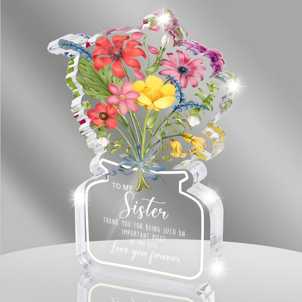 Sister's Gift Acrylic Flower Plaque, Elegant Cursive Lettering & Floral Arrangement in Pastel Colors, with Heart-Shaped Top & Clear Dome - Irregular S