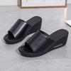 2025 summer Korean version of the new European and American slope heel fish mouth thick bottom muffin one word PU leather cool slippers high heel slip