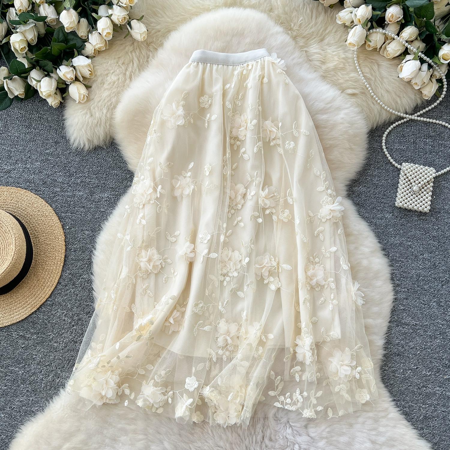 

Летняя женская сетчатая вышитая 3D-цветочная юбка с высокой талией и длинным миди-тюлем One Size