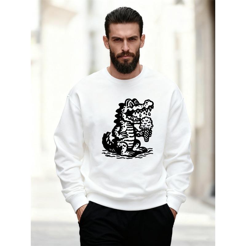 Men'S Cartoon Crocodile Eating Ice Cream Pattern Casual Crew Neck Sweatshirt