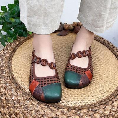 Hollow-out Round Toe Retro Low Heel Pumps Genuine Leather Mixed Colors Handmade Women Soft Sole Shoes
