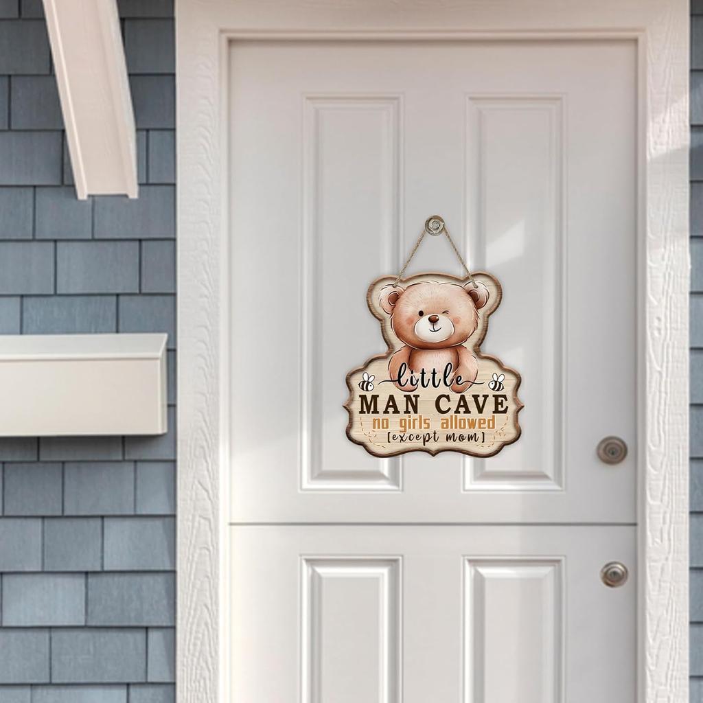 Little Man Cave No Girls Allowed Expect Mom Front Door Sign, Cute Bear Bee Wood Hanger Boy Toddler Baby Nursery Home Decor, Farmhouse Wooden Wreath