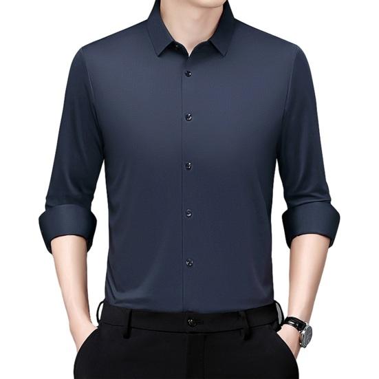 Men Shirt Lapel Long Breasted Shirt Color Elastic Fabric Tops Pure Sleeve Single Lightweight Breathable Shirt