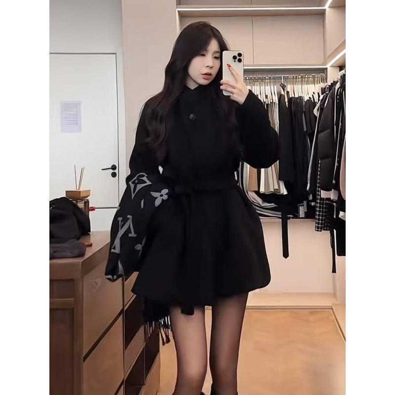 Women's Black Woolen Coat - Autumn/Winter 2025 High-End Casual Slimming Korean Style