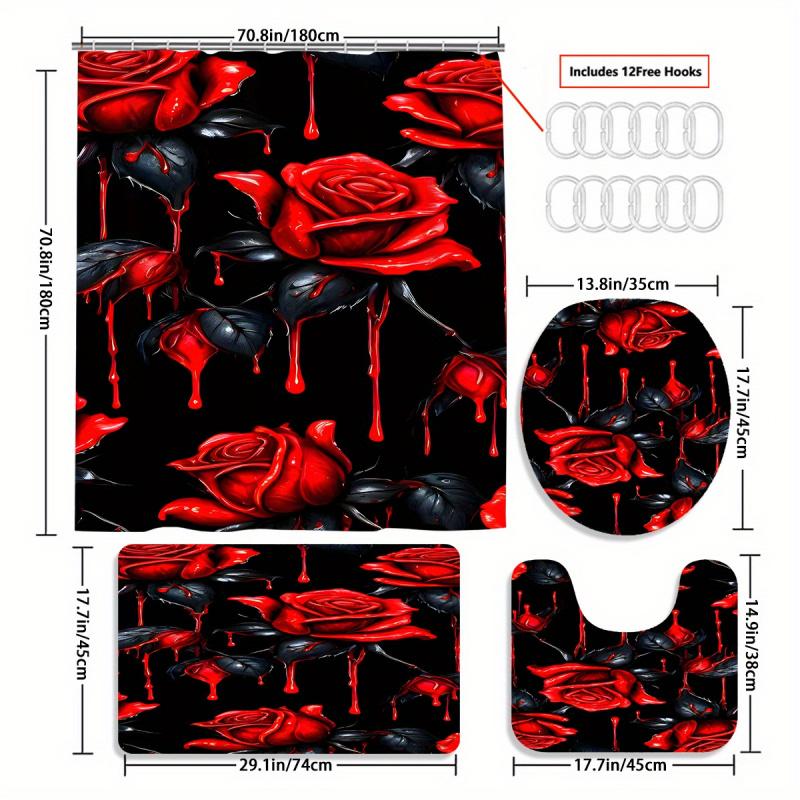 Crimson Rose Shower Curtain Set With Non-Slip Bath Mat, U-Shaped Toilet Rug, Toilet Lid Cover, Durable Water-Resistant Polyester