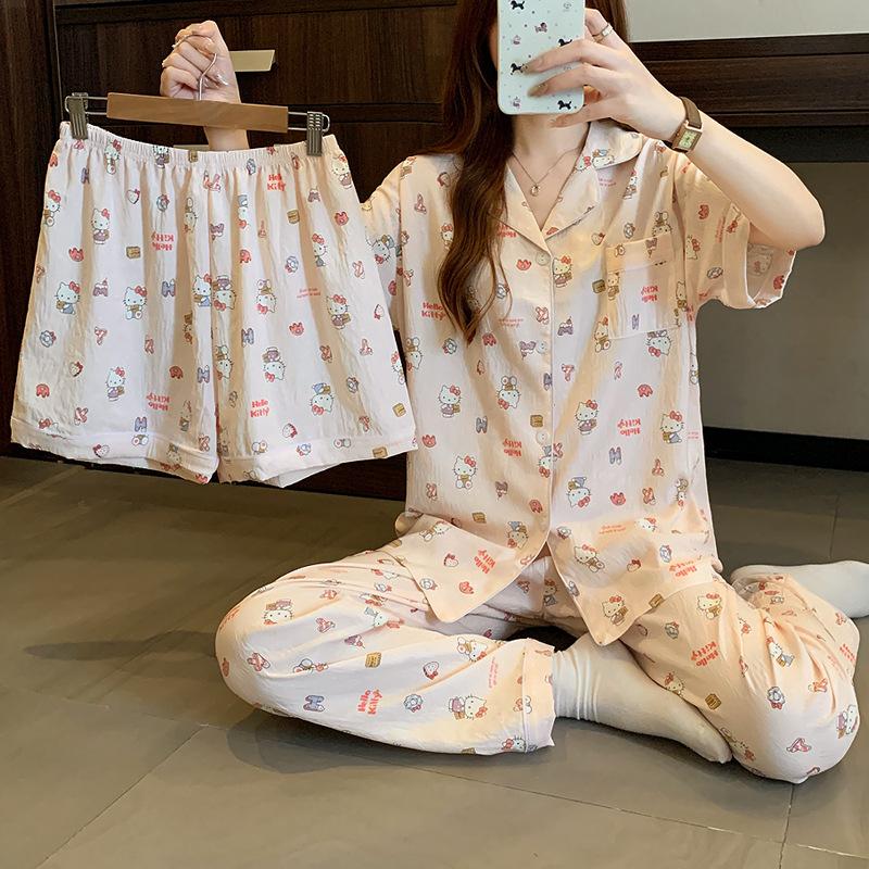 High-Value Cloud Cotton Short-Sleeved Pajamas Women'S Summer Loungewear Cute Girl Three-Piece Set
