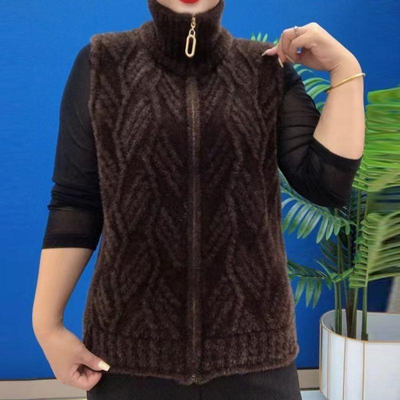 Autumn and Winter Women's Plush Knitted Vest Thick Fleece-lined Cardigan Vest