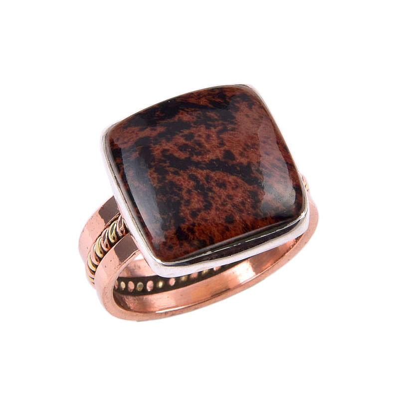 Natural Mahogany Obsidian Gemstone 925 Sterling Silver Two Tone Ring Size 8 U9y02