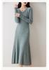 Women's Slim Fit Knee-Length V-Neck Wool Dress with Knit Cashmere Coat