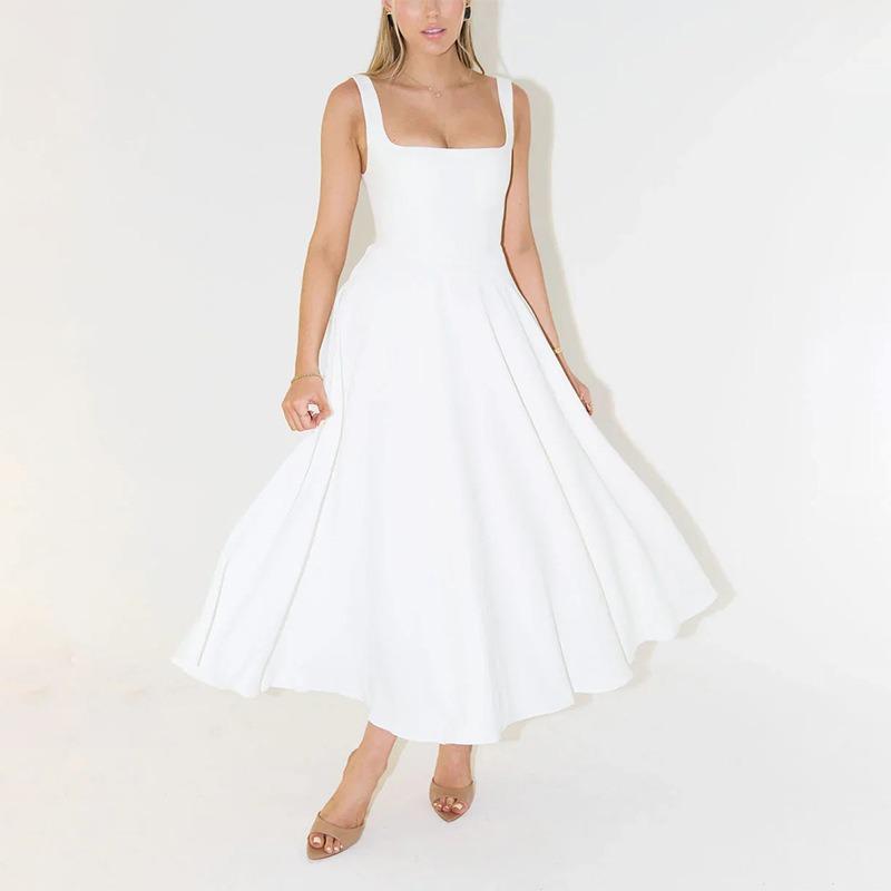 Sommer Europa, Amerika, Amazons neues einfaches und sexy einfarbiges Trägerkleid, figurbetont, mittel und lang