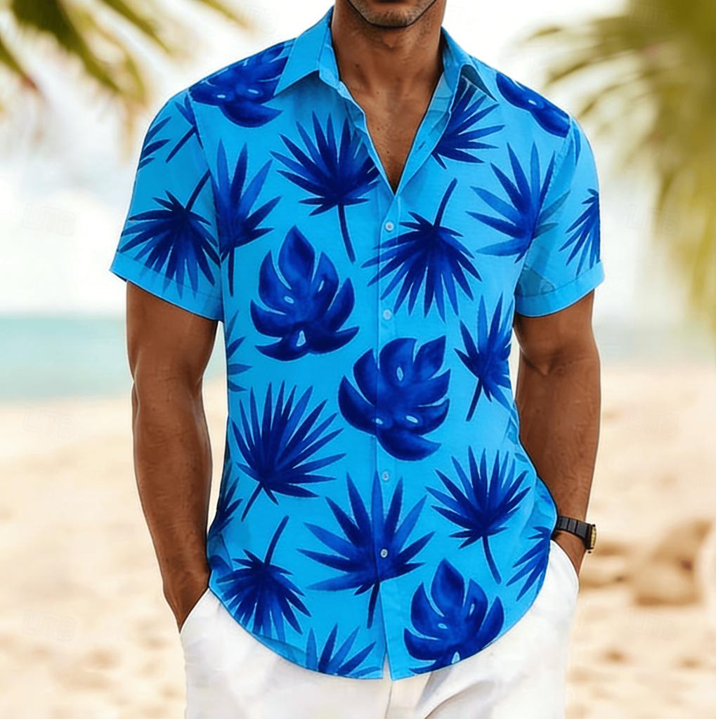 Men's Monstera & Palm Leaf Print Short Sleeve Shirt, Spring Summer Fresh Hawaiian Vacation Blouse, Loose Casual Top