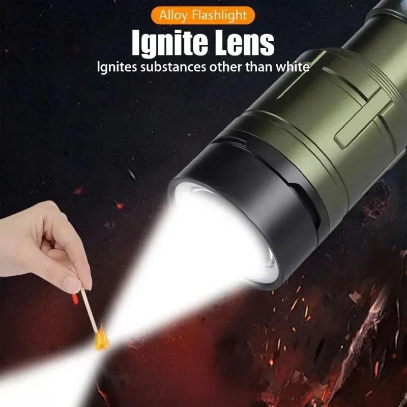 Rechargeable Zoomable Flashlight with Flame Ignition White Laser Core 4 Level Power Indicator Fresnel Lens for Outdoor Camping