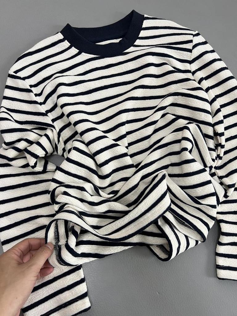 Women's Loose Korean-Style Striped Cotton Sweatshirt, 2024 Autumn Fashion