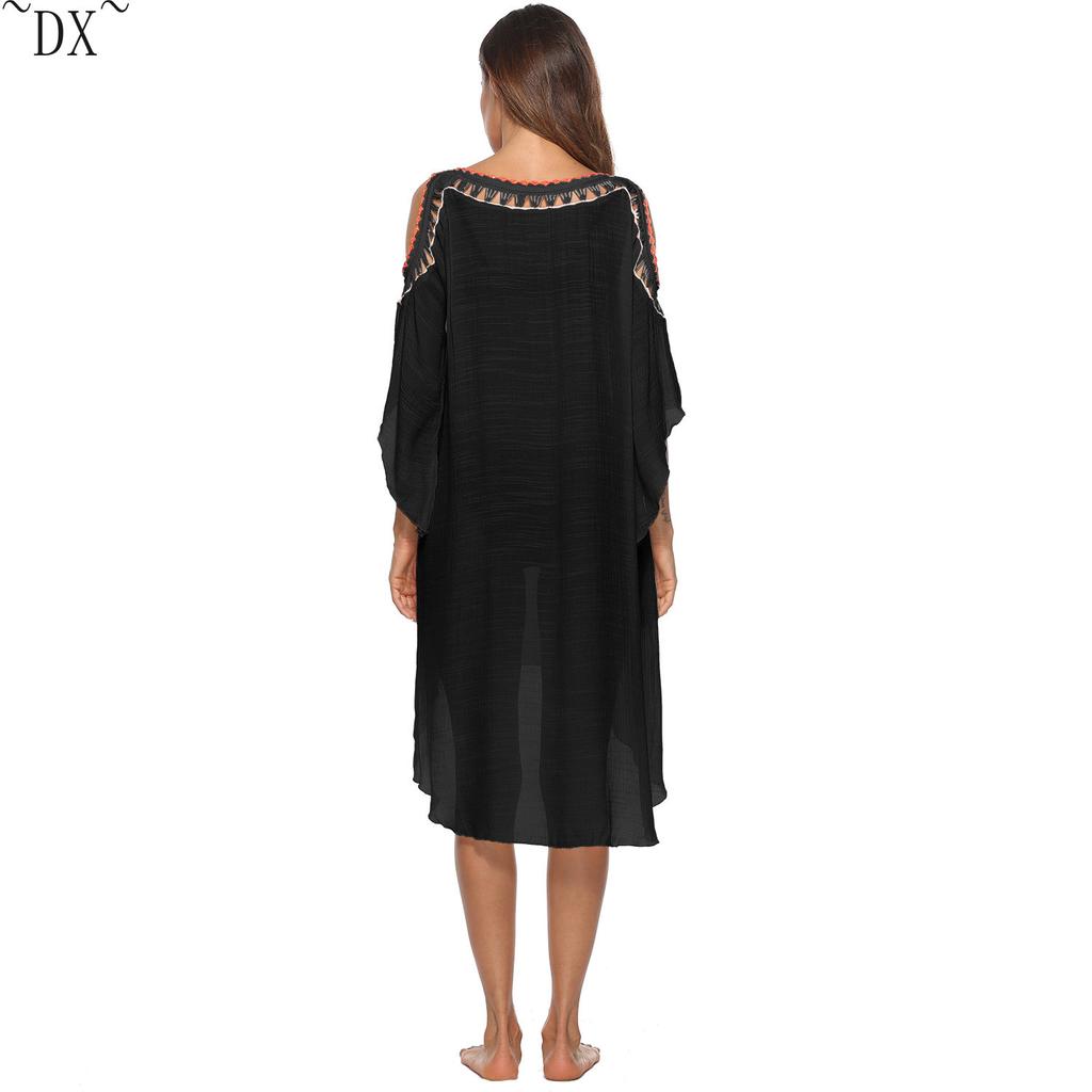 DX~~Women's New Sexy Bikini Cover Up Handhook Spliced Hollow Off Shoulder Dress