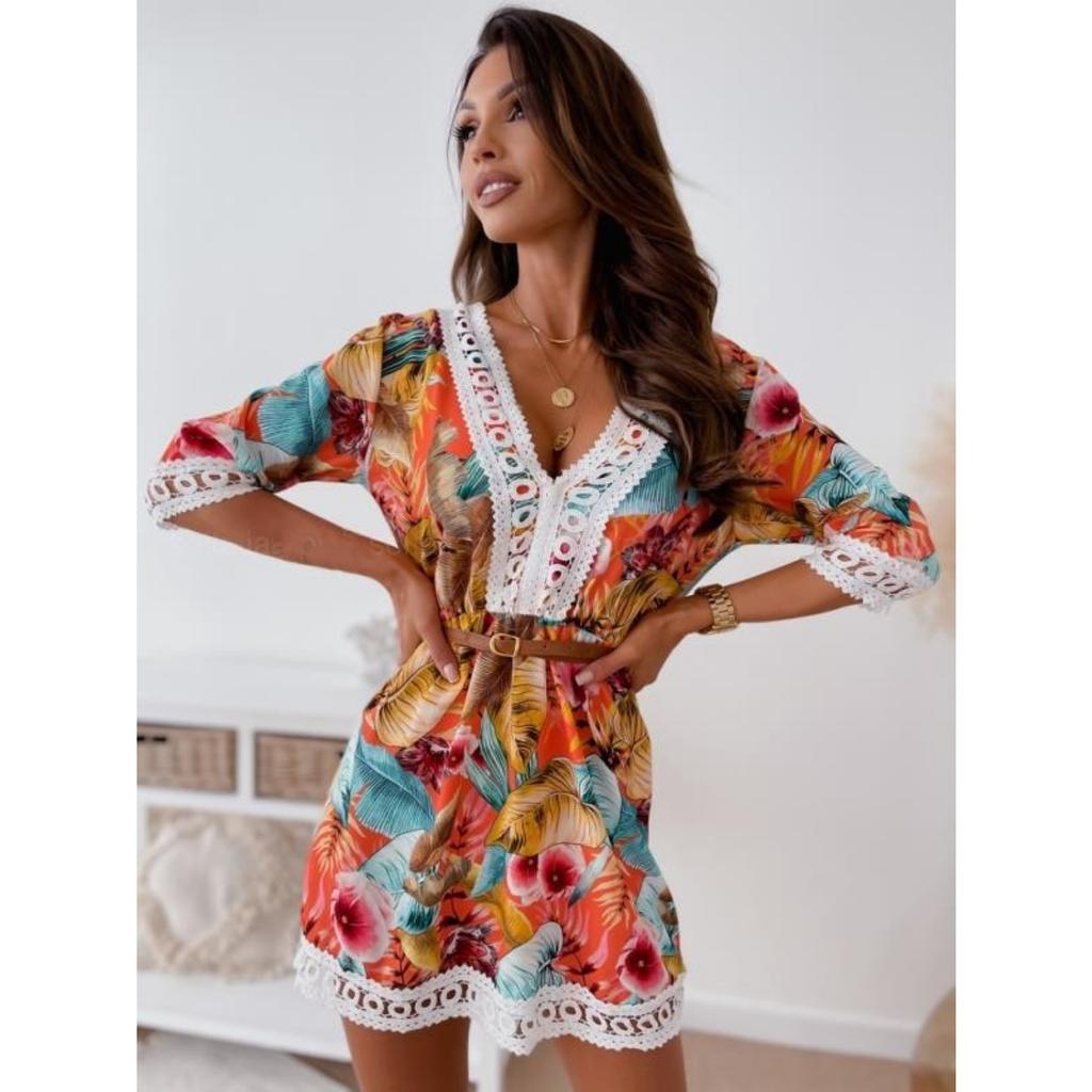 2026 Nuova Tendenza Moda Donna Abito Stampato Scollo a V con Cintura in Pizzo