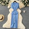 Elegant small fragrant style retro V-neck metal single-breasted buckle slim and thin temperament hip-wrapped knitted dress spring