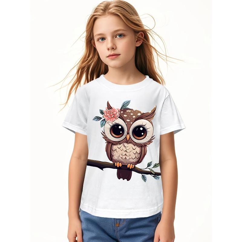 European sizes Adorable Short-Sleeve T-Shirt for Girls Featuring a Cute Owl Adorned with a Flower Crown.