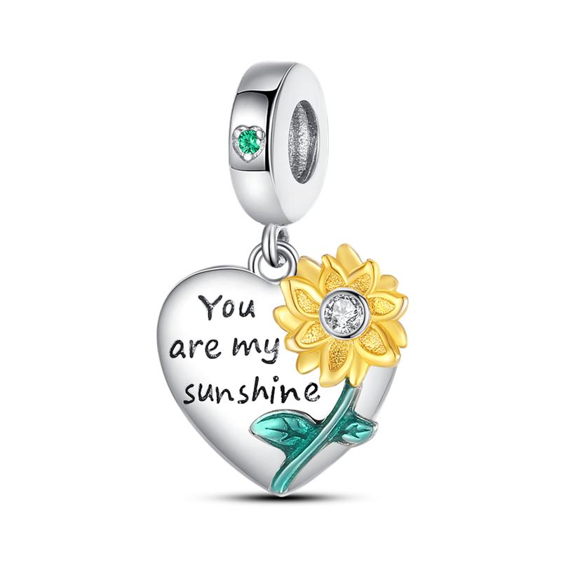 925 Sterling Copper Golden Sunflowers Heart Beads Pendant Charms Beads Fit 4MM Hole Diameter Bracelets Luxury Party DIY Zircon
