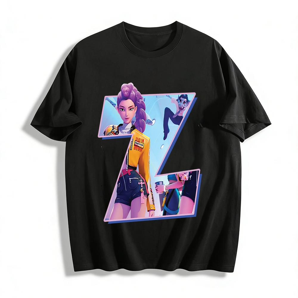 Cyberpunk Style Z-Shaped Patchwork Print Top Cool Purple Hair Girl Streetwear T-Shirt Pure cotton T-shirt XXS