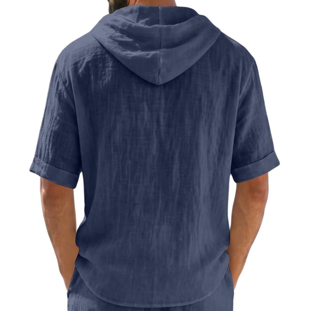 Men's Linen Hooded Short Sleeve T Shirt Lightweight Breathable Casual Summer Top Relaxed Fit Five Quarter Sleeve Pullover