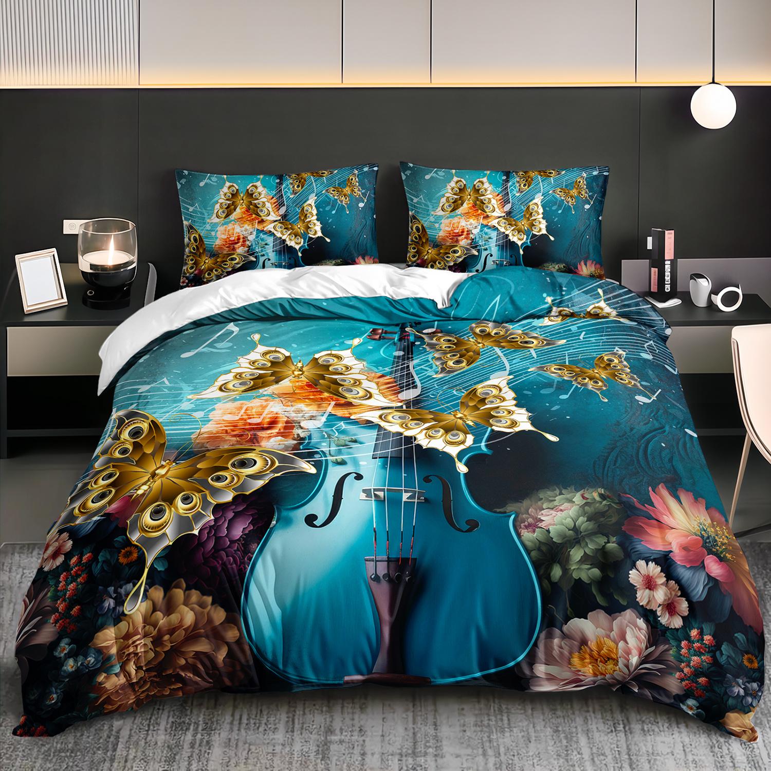 3pcs Teal Musical Butterfly Bedding Duvet Cover Set Elegant Violin Bedding Quilt Set Floral Themed Bed Quilt Set Romantic Duvet Cover Set&EU Single(135x200cm)